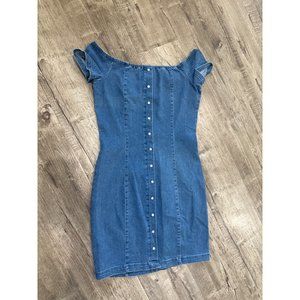 Iris Womens Off The Shoulder Bodycon Denim Dress S Blue Button Accents Stretch